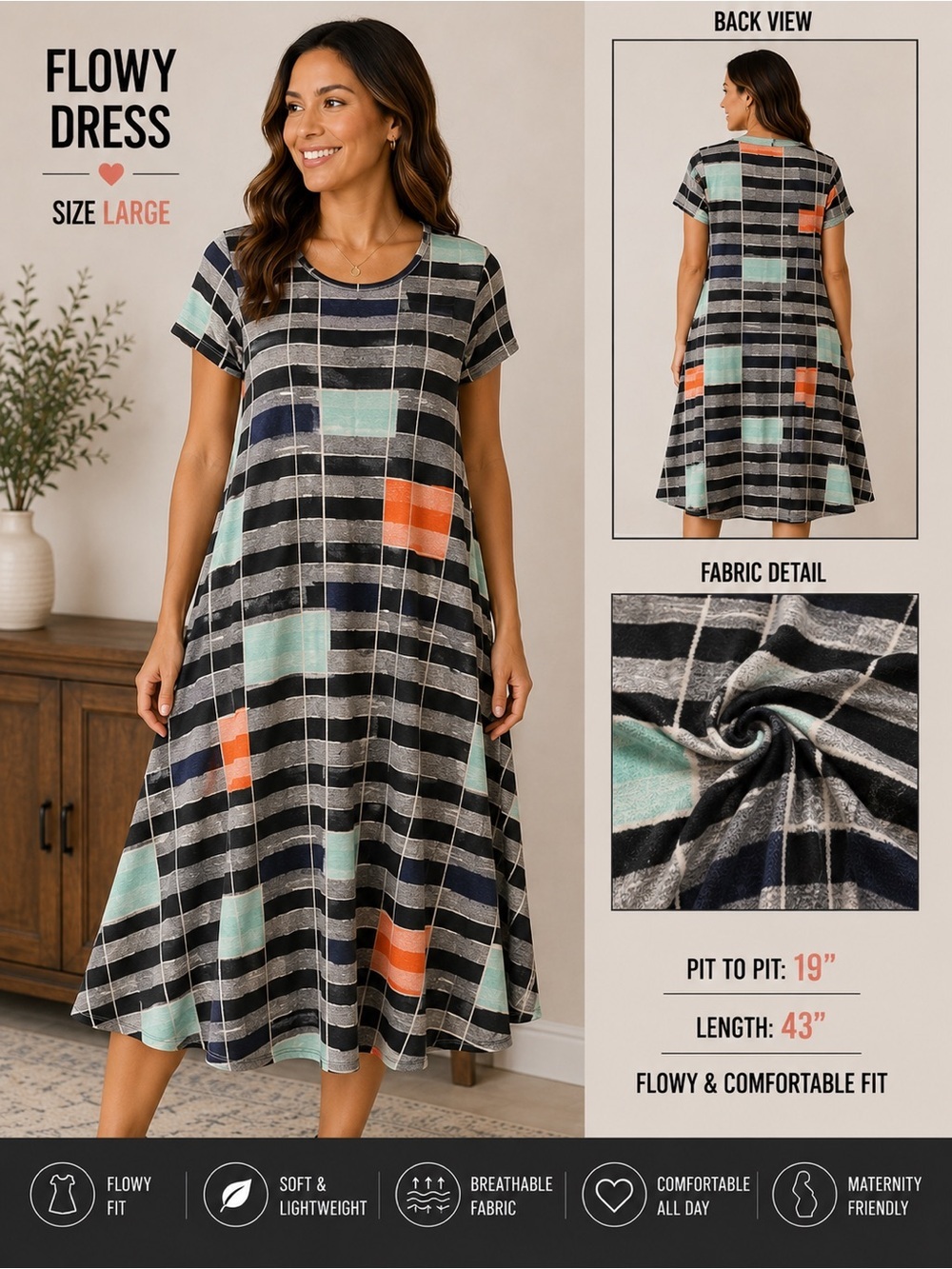 LuLaRoe Striped Midi Dress Women’s large Flowy dress
Pit 19”
Length 43”